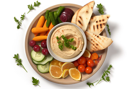Bowl of hummus with fresh vegetables and pita bread isolated on white backgroundの素材