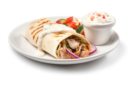 Tortilla wrap with chicken meat and vegetables on a white backgroundの素材