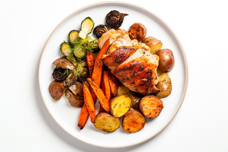 Grilled chicken fillet with potatoes and vegetables on a white plateの素材