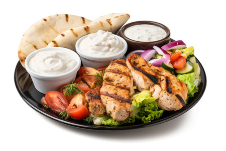 Grilled chicken kebab with vegetables and sauce on white backgroundの素材