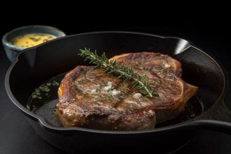 Grilled steak with herbs in a frying pan on a black backgroundの素材
