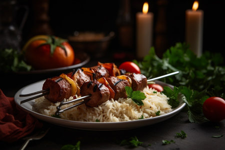 Chicken shish kebab on skewers with rice and tomatoesの素材