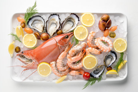 Seafood platter with shrimps and mussels on white backgroundの素材