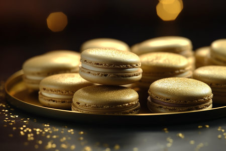 Macaroons in golden plate on blurred background, closeup viewの素材