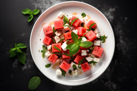 Watermelon salad with feta cheese and mint on a black backgroundの素材