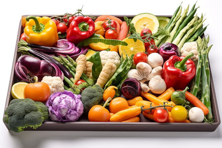 Fresh Vegetables and Fruits in Plastic Box on White Background.の素材