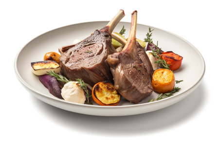 Roasted Lamb Chops with Garlic and Vegetables on Plateの素材