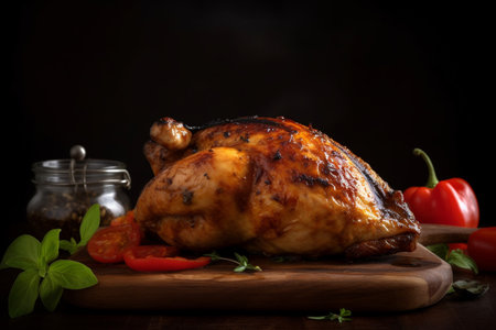 Roast chicken with spices and vegetables on a wooden board on a dark backgroundの素材