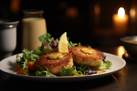 Delicious fish cakes with salad and sauce on plate, closeupの素材