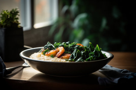 Risotto with shrimps and spinach in a ceramic bowlの素材