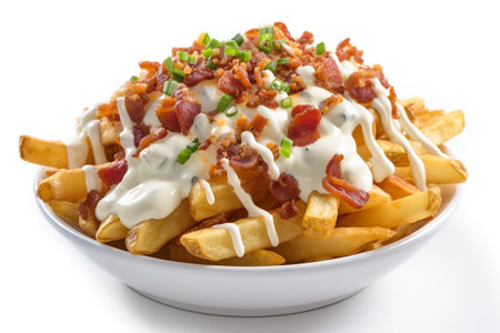 French fries with bacon and mayonnaise isolated on white background.の素材