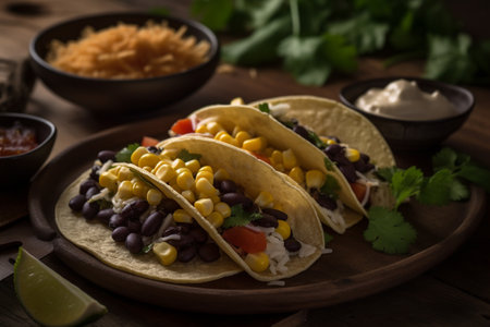 Mexican tacos with black beans, corn and salsa on wooden backgroundの素材