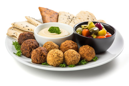 plate of falafel balls with hummus and olives isolated on white backgroundの素材