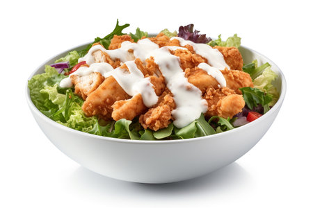Bowl of fresh salad with chicken and mayonnaise on white backgroundの素材