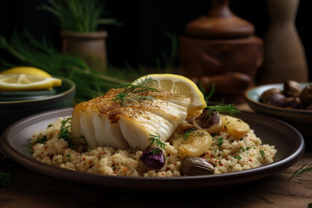 Baked halibut with couscous and herbs on a plateの素材