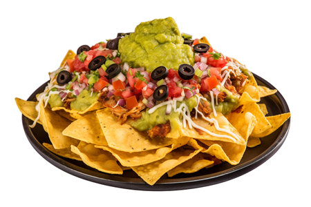 Nachos with guacamole and salsa isolated on white backgroundの素材