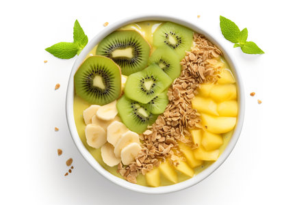 Bowl of oatmeal with kiwi and banana on white backgroundの素材