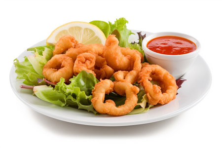 Fried calamari rings with salad and tomato sauce isolated on white backgroundの素材