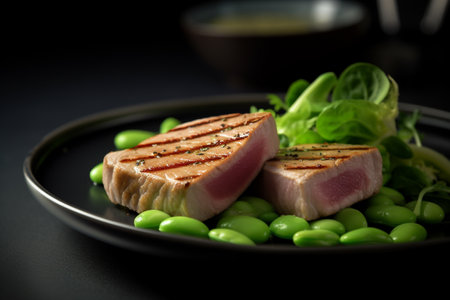 Grilled tuna steak with soy sauce and lettuce on black background.の素材