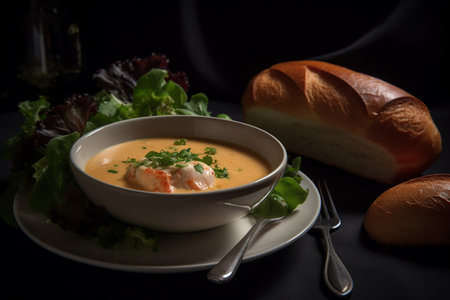 Bowl of soup with shrimps on black background with breadの素材