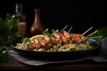 Shrimps with couscous and vegetables on a dark backgroundの素材