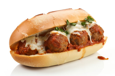 Meatballs in a bun with tomato sauce on a white background.の素材