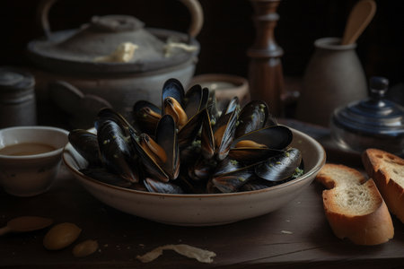 Mussels cooked in a clay bowl on a wooden table. Dark background.の素材