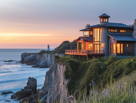 A ranch house perched on a cliff overlooking the rugged coastline, with crashing waves and salt-sprayed airの素材