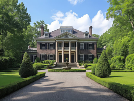 A Georgian-style farmhouse set amidst acres of farmlandの素材