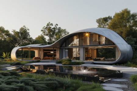 A modern house with a futuristic exterior inspired by the ethereal beauty of the moonの素材