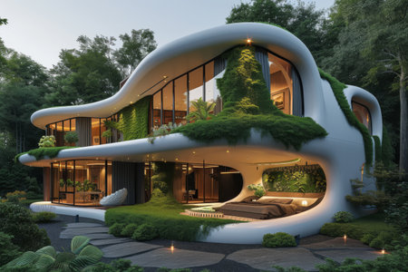 A modern house with a futuristic exterior inspired by organic forms and natural elementsの素材