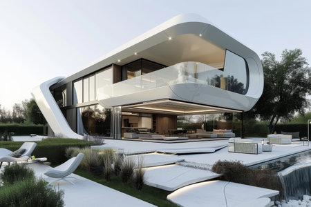 A modern house where robotics and automation are seamlessly integrated into every aspect of the exterior designの素材