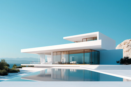 A panoramic view of the modern white house set against a clear blue sky, highlighting its clean lines and minimalist designの素材