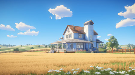 A modern farmhouse scene with a minimalist twist, featuring a barn-inspired house against a backdrop of rolling hills and a clear blue skyの素材