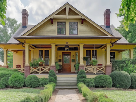 A vintage bungalow nestled within a historic district, with tree-lined streets, ornate lampposts, and Victorian-era homes lending character and charm to the neighborhoodの素材