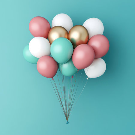 A cluster of colorful balloons against a teal background, ideal for celebrations.の素材