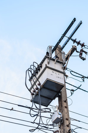 Transformer on the pole on the streets of Bangkok.