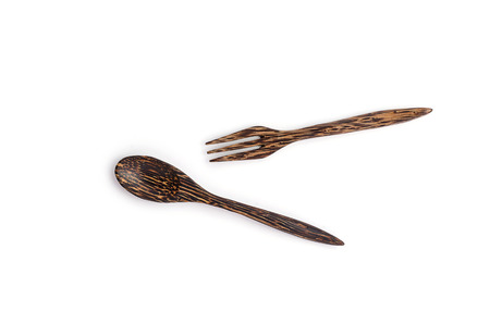 Wooden spoon and fork on white backgroundの写真素材