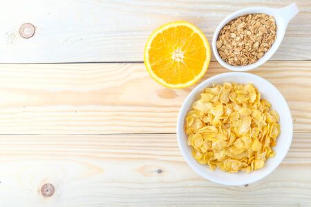 healthy breakfast on wooden backgroundの写真素材