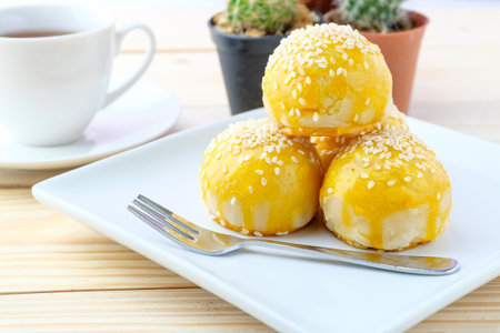 Chinese cake on wooden background