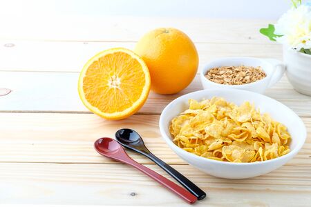 healthy breakfast on wooden backgroundの写真素材