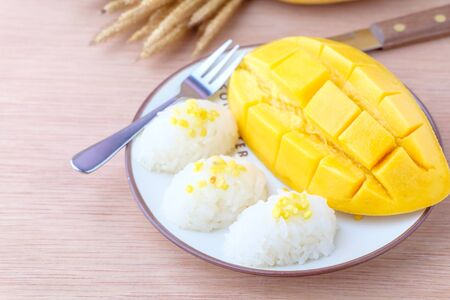 mango and sticky rice on wood backgroundの写真素材