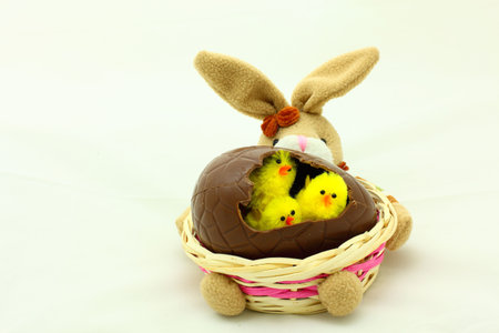 close-up of easter bunny basket with yellow chicken
