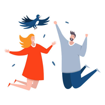 Happy people jumping with birdのイラスト素材