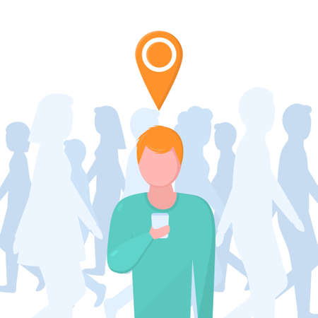 Flat Illustration with a man and phone in the crowdのイラスト素材