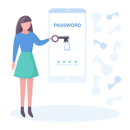 Woman chooses the right password for the phoneのイラスト素材