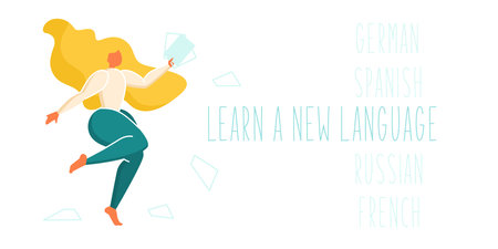 Stay home illustration - learning a new language. Woman dancing and throwing sheets of paper at...