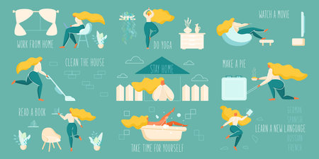 Stay home flat vector illustration set - greenのイラスト素材
