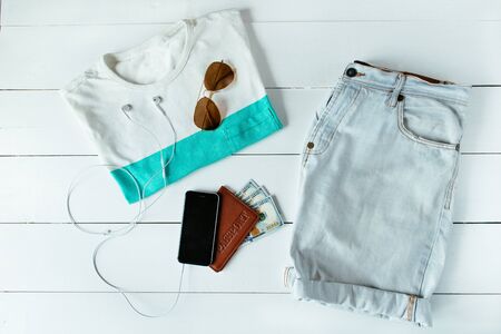 Men's casual summer clothing and accessories on white backgroundの写真素材