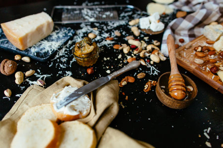 Variety of cheeses with honey, nuts and olives